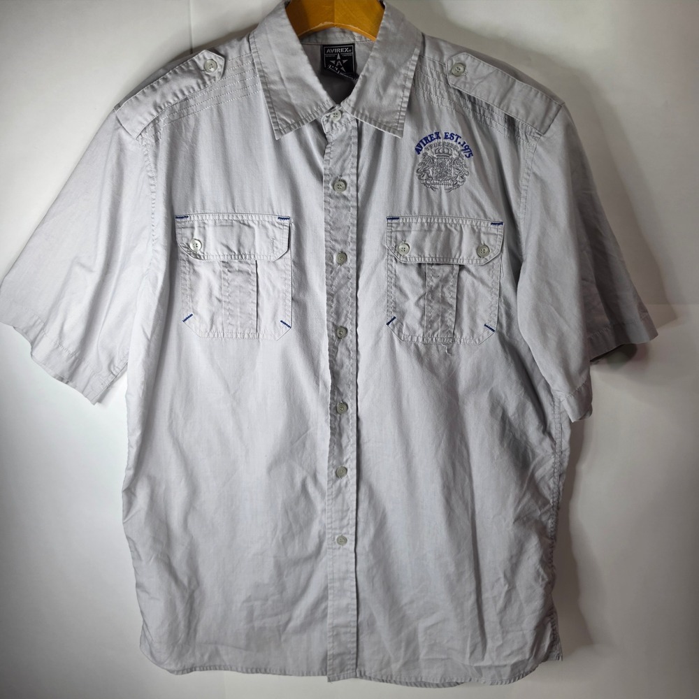 Avirex Mens Medium Gray Short Sleeve Button Up Military Embroidered Shirt M
